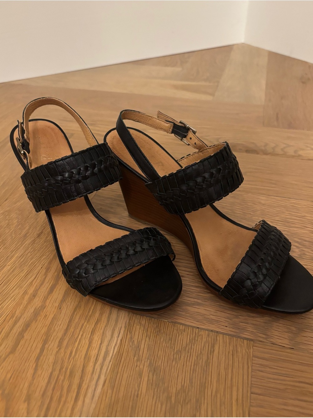 Jack Rogers. Women’s Leather Woven Black Slingback Wedge Sandals.